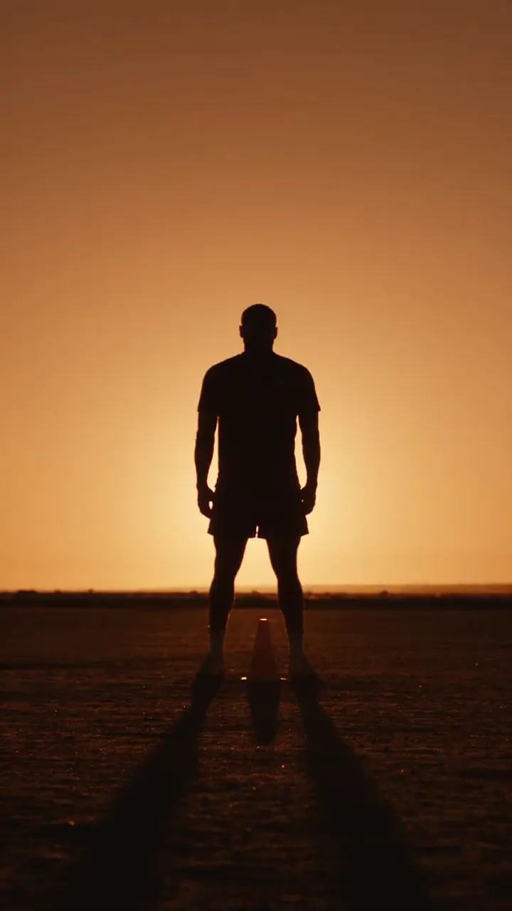 Un jugador a contraluz salta en una cancha de tierra al atardecer.